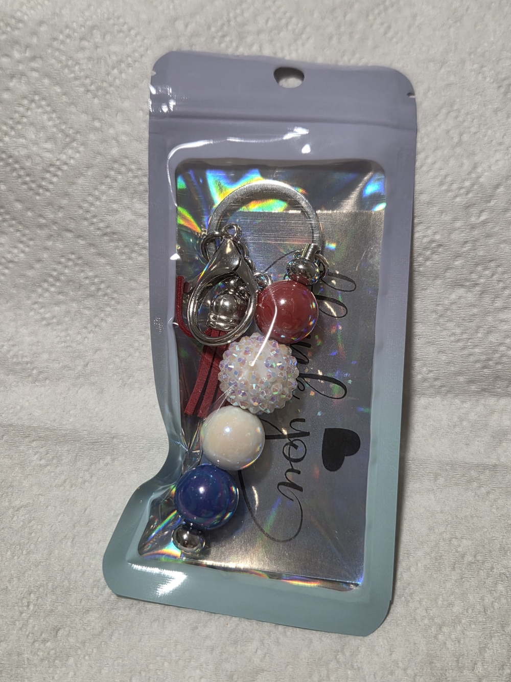 Iridescent Multi-Bead Keychain with Red, White & Blue Beads